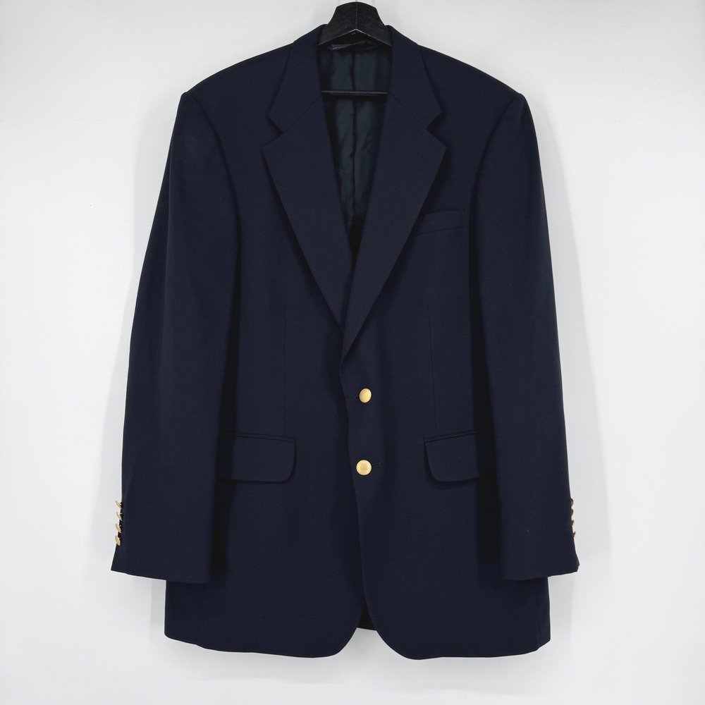 Vintage Lands End Mens Navy Blue 100% Wool Blazer Gold Button 40 Long USA Made
